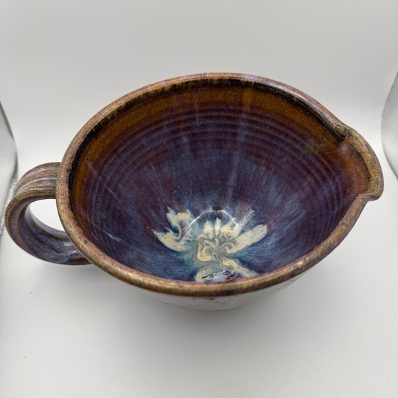 Pottery Bowl w/Handle and Pouring Spout PurpleBlue Glaze Art Ceramic Handmade - Picture 3 of 9
